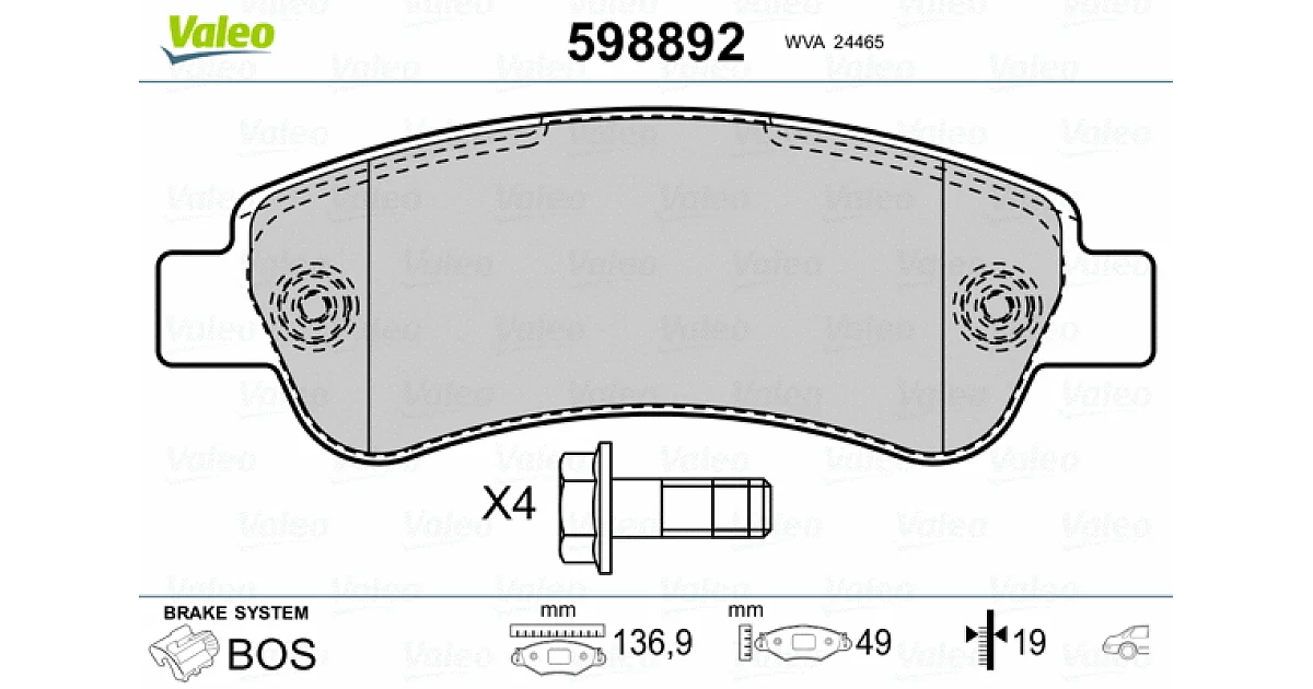 598892 - VALEO - Комплект тормозных колодок, дисковый тормоз