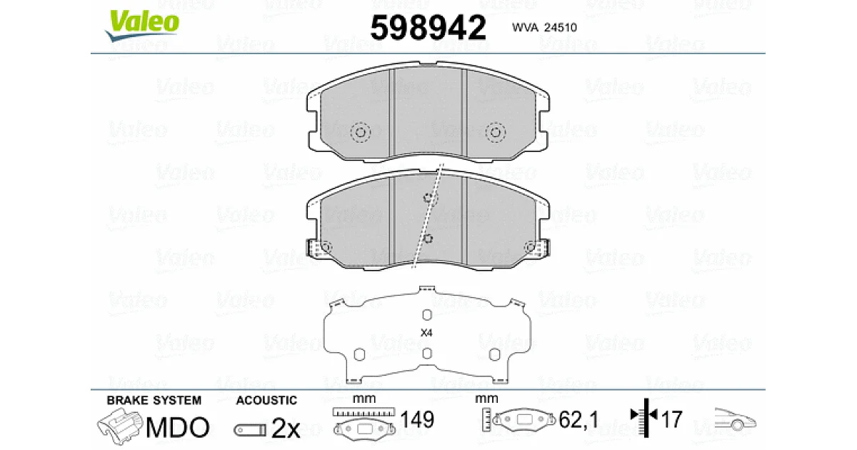598942 - VALEO - Комплект тормозных колодок, дисковый тормоз