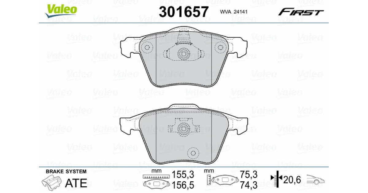 VALEO 301657, Комплект тормозных колодок, дисковый тормоз