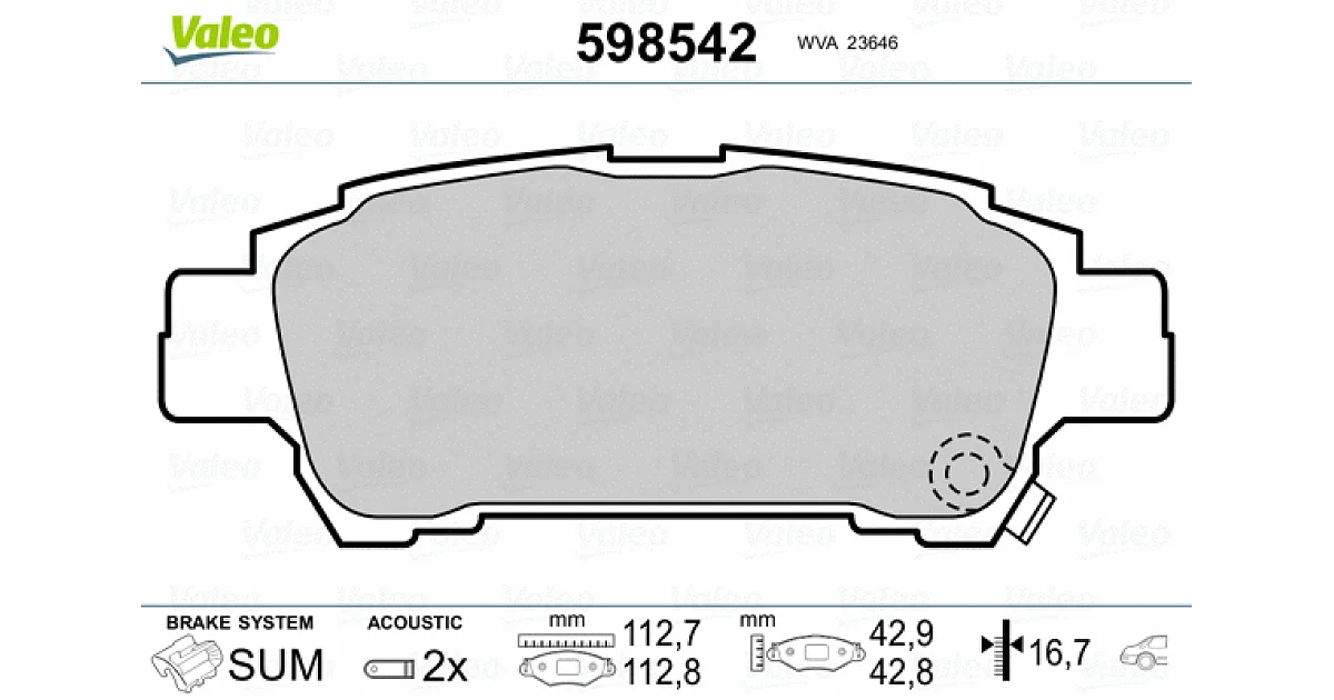598542 - VALEO - Комплект тормозных колодок, дисковый тормоз