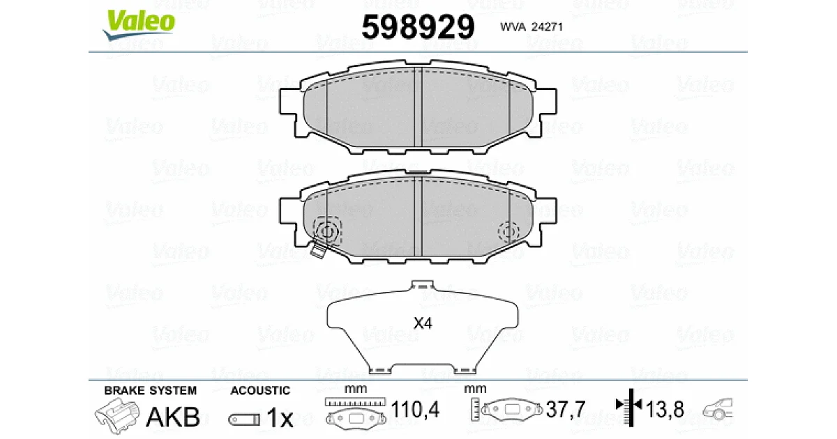 598929 - VALEO - Комплект тормозных колодок, дисковый тормоз