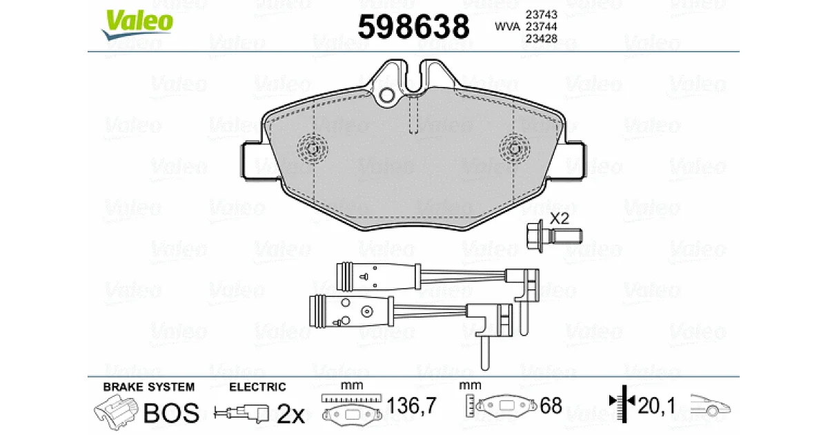 VALEO 598638, Комплект тормозных колодок, дисковый тормоз