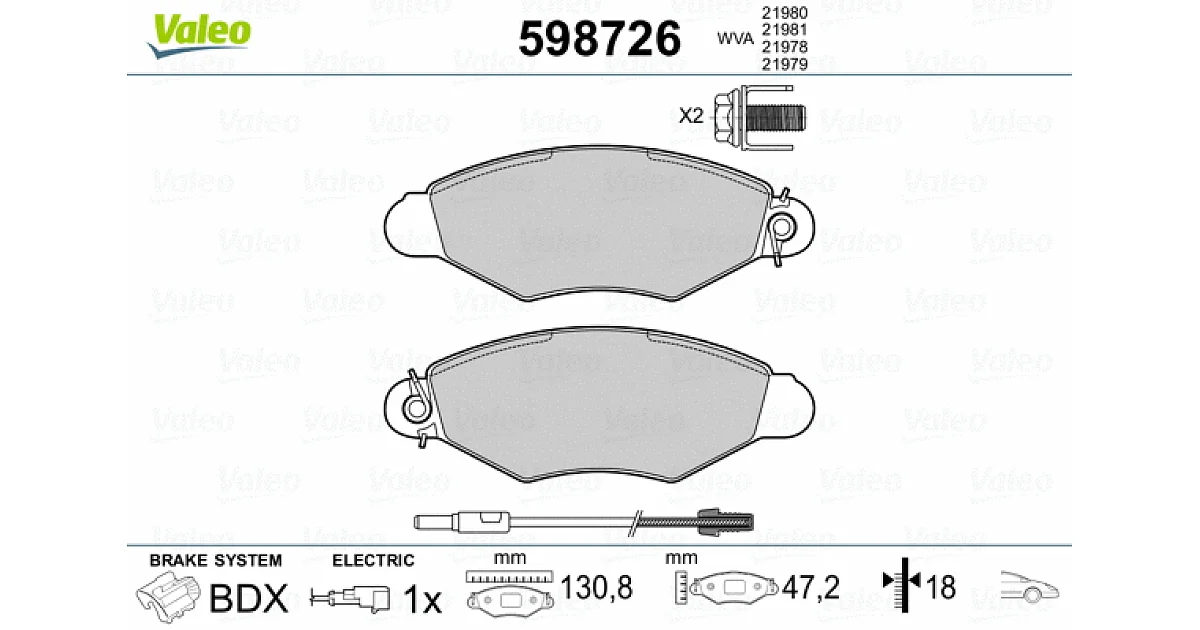 598726 - VALEO - Комплект тормозных колодок, дисковый тормоз