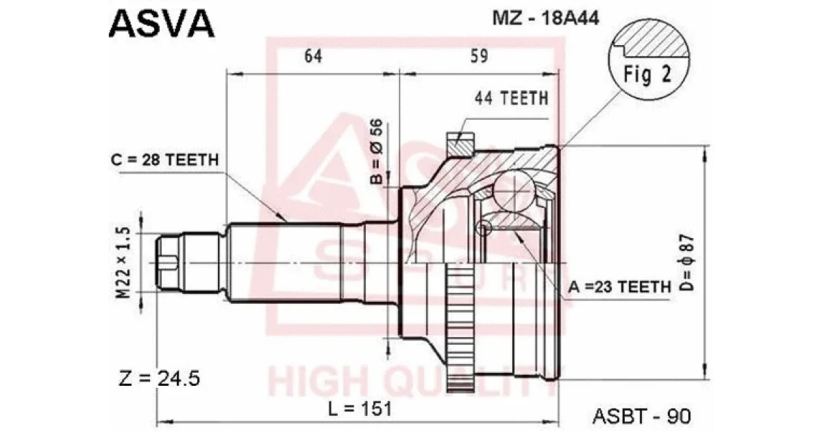 MZ18A44 - ASVA - Шарнирный комплект, приводной вал