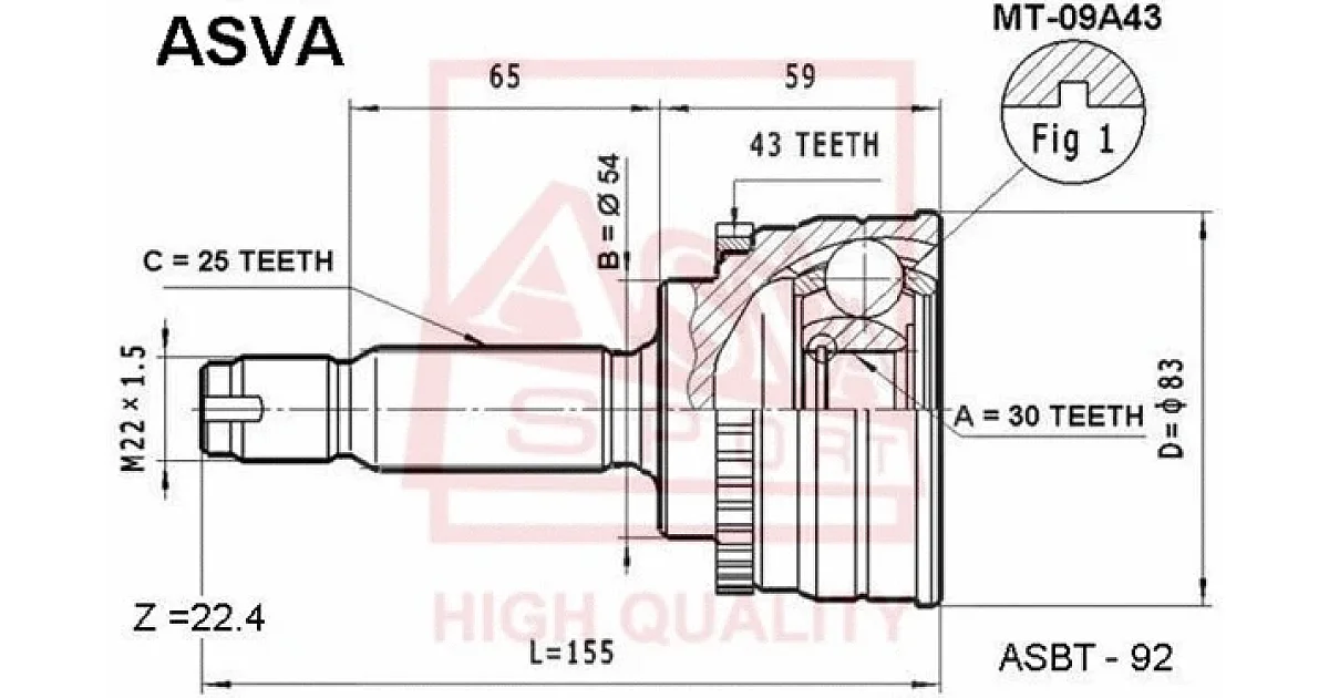 ASVA MT-09A43, Шарнирный комплект, приводной вал