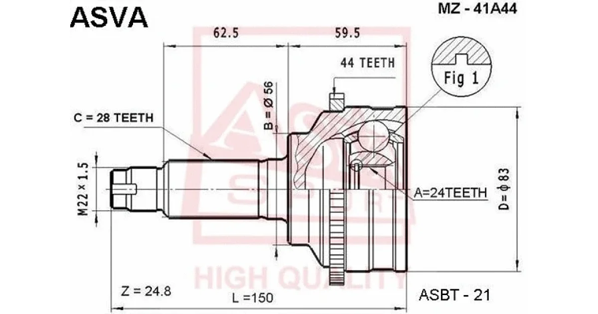 MZ41A44 - ASVA - Шарнирный комплект, приводной вал