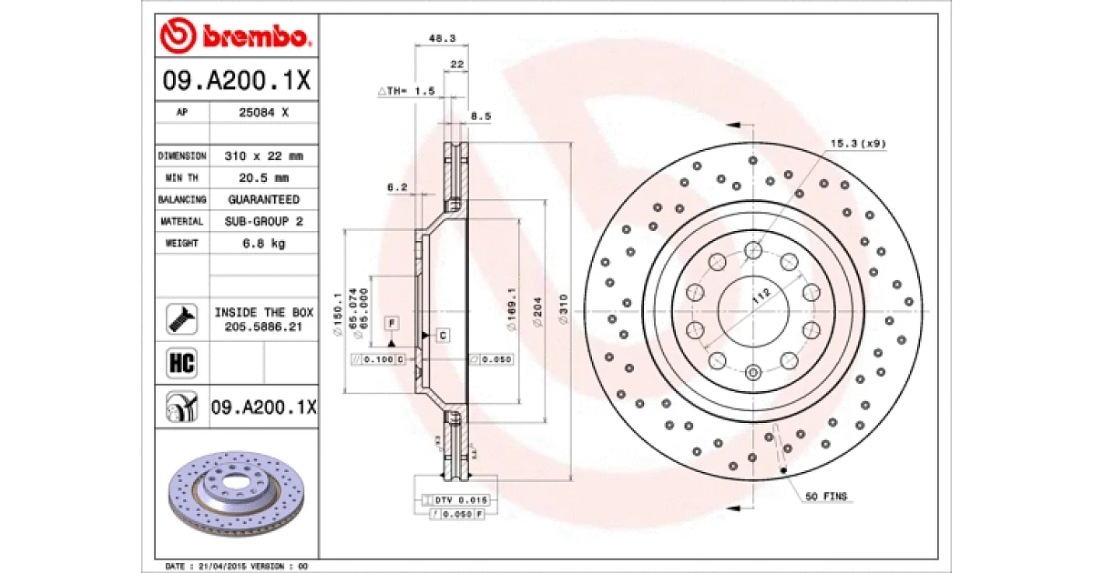 09A2001X - BREMBO - Тормозной диск