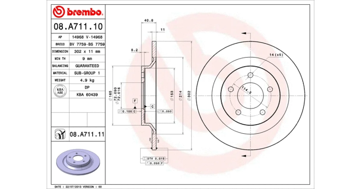 08A71111 - BREMBO - Тормозной диск