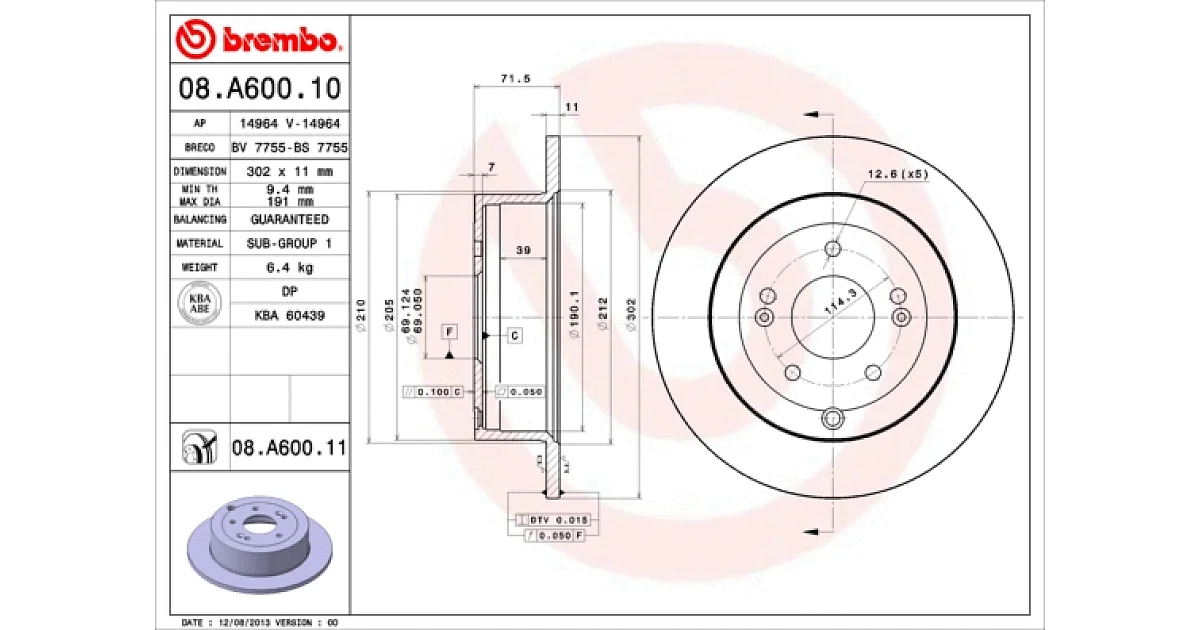 08A60011 - BREMBO - Тормозной диск