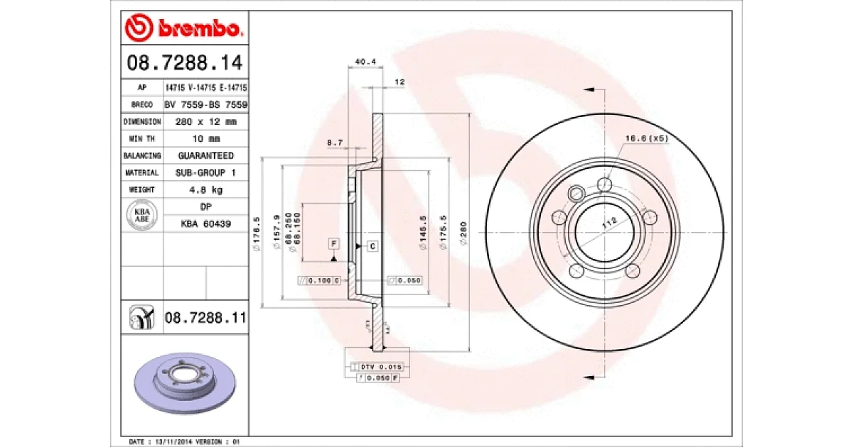 BREMBO 08.7288.11, Тормозной диск