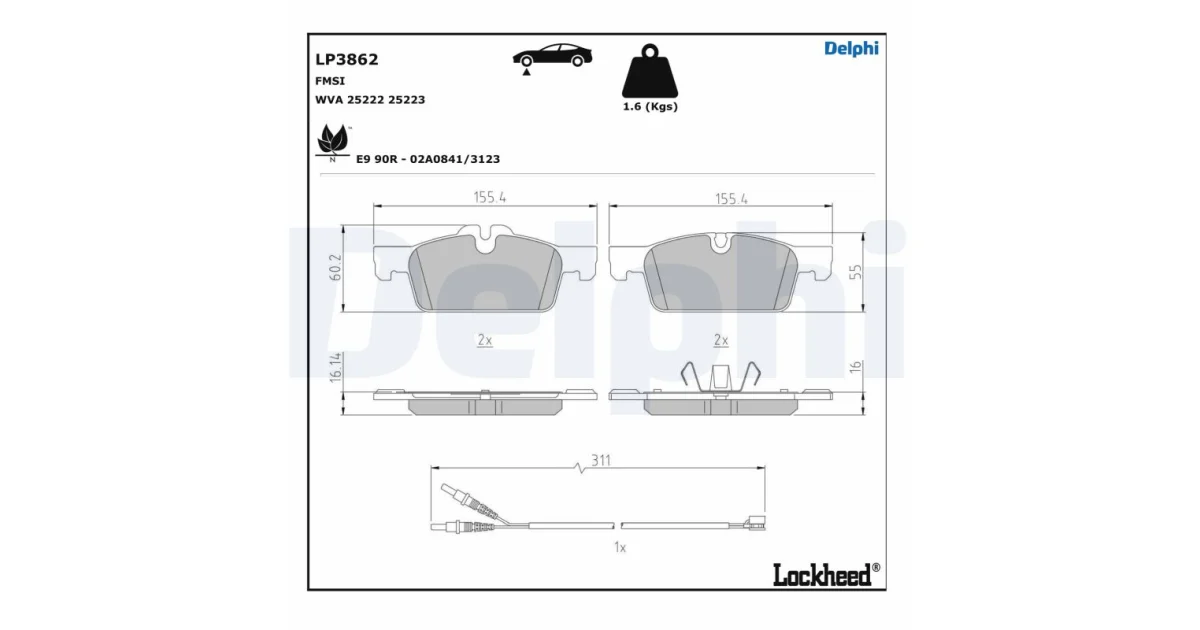 DELPHI LP3862, Комплект тормозных колодок, дисковый тормоз