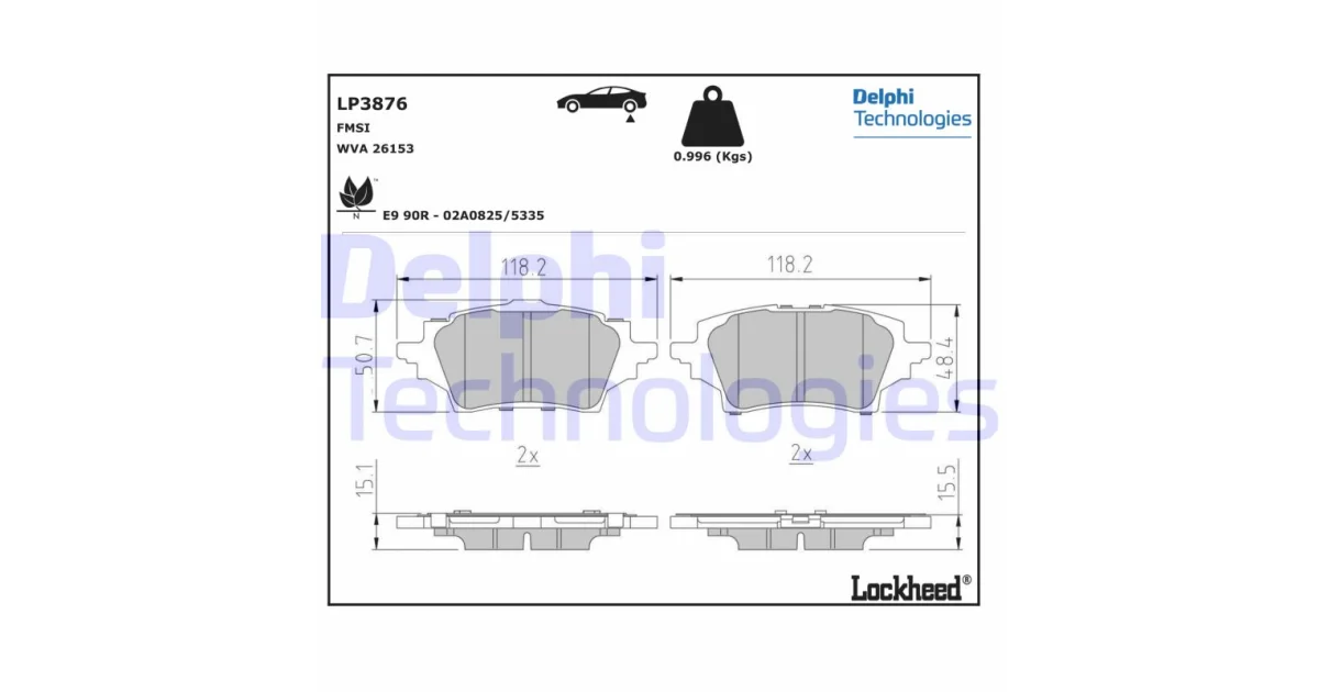 DELPHI LP3876, Комплект тормозных колодок, дисковый тормоз