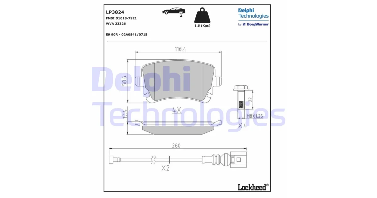 DELPHI LP3824, Комплект тормозных колодок, дисковый тормоз