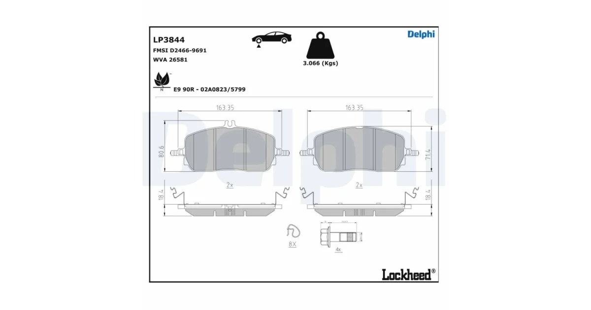 DELPHI LP3844, Комплект тормозных колодок, дисковый тормоз